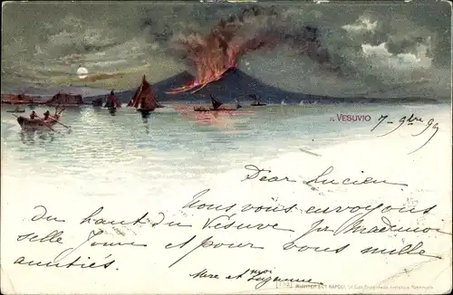 Mondschein Litho Napoli Campania, Blick auf den Vulkan Vesuv mit Eruption, Mond