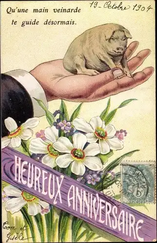 Ak Glückwunsch Geburtstag, Blumen, Narzissen, Schwein