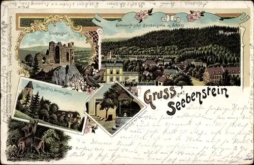 Litho Seebenstein in Niederösterreich, Türkensturz, Bergschloss, Burghof mit Brunnen