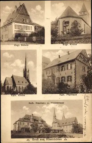 Ak Rheinböllen im Hunsrück, Kirche, Schule, Pfarrhaus, Kranken- und Waisenhaus