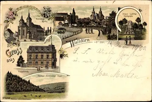 Litho Walldürn im Odenwald Baden, Prinz Ludwig Denkstein, Wallfahrtskirche, Post