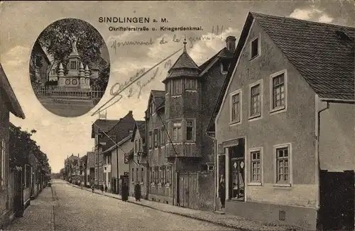Ak Sindlingen Frankfurt am Main, Okriftelerstraße und Kriegerdenkmal, Handlung