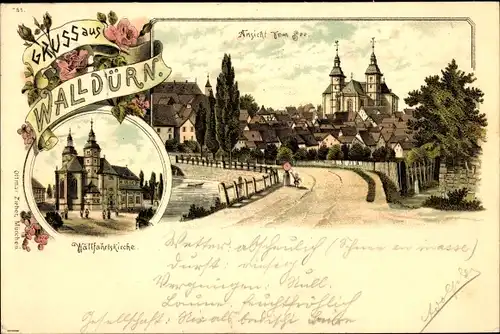 Litho Walldürn im Odenwald Baden, Stadtansicht vom See aus, Wallfahrtskirche