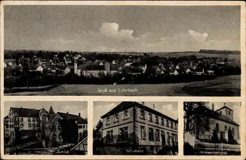 Ak Lohrbach Mosbach Baden Württemberg, Gesamtansicht der Stadt, Schloss, Schule, Kriegerdenkmal