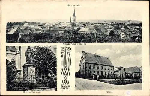 Ak Niedersaulheim in Rheinhessen, Totalansicht von Ort, Kriegerdenkmal, Schule