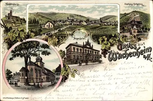 Litho Wachenheim in der Pfalz, Bürgerspital, Wachtenburg, Forsthaus Rothstein