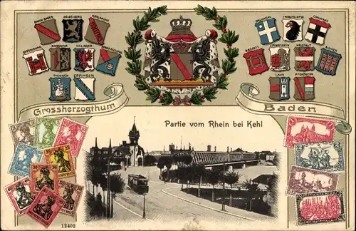 Präge Wappen Briefmarken Passepartout Ak Kehl am Rhein, Rheinbrücke, Großherzogtum Baden