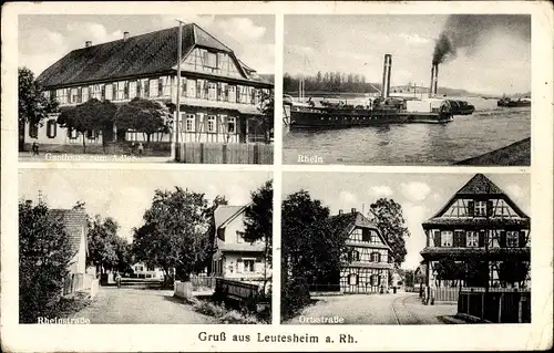 Ak Leutesheim Kehl am Rhein, Frachtdampfer auf dem Rhein, Gasthaus zum Adler, Rheinstraße