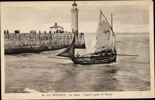 Ak Le Tréport Seine Maritime, La Jetee, Abfahrt zum Angeln