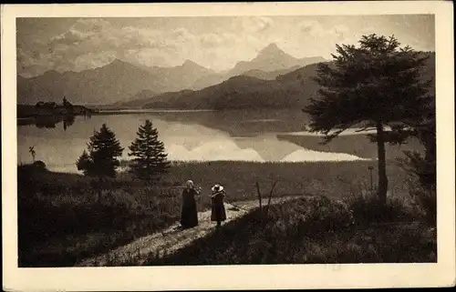 Ak Weißensee Füssen im Ostallgäu, Morgensonne, Passanten