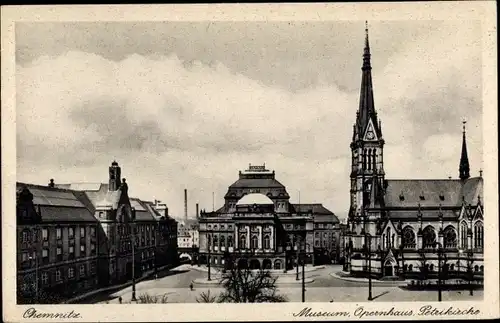 Ak Chemnitz in Sachsen, Museum, Opernhaus, Petrikirche