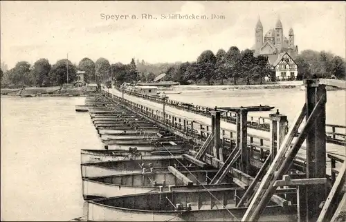 Ak Speyer am Rhein, Schiffbrücke, Dom, Boote