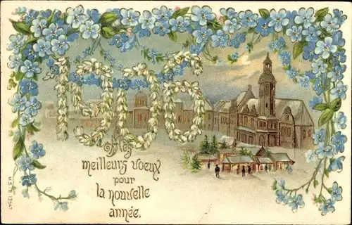 Präge Ak Glückwunsch Neujahr 1906, Marktplatz, Vergissmeinnicht