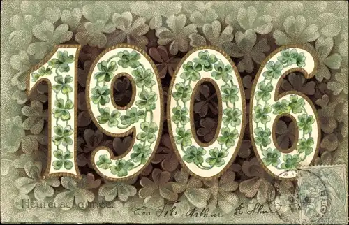 Präge Litho Glückwunsch Neujahr 1906, Glücksklee