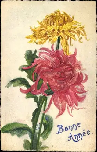 Handgemalt Ak Glückwunsch Neujahr, Rote und gelbe Blüten