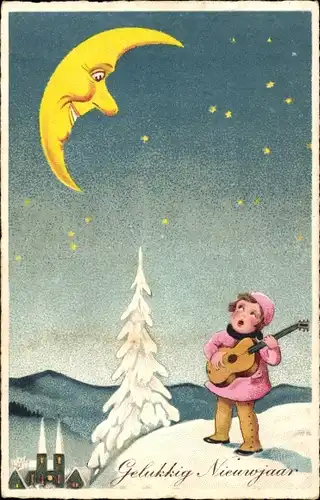 Ak Glückwunsch Neujahr, Mädchen mit Gitarre singt für den Mond