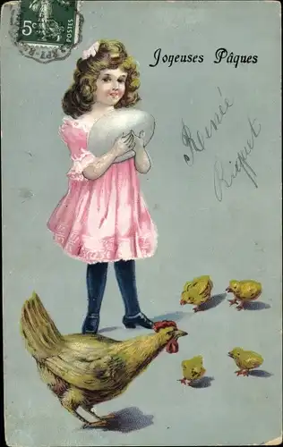 Präge Ak Glückwunsch Ostern, Mädchen, Ei, Hühner, Küken