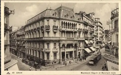 Ak Oran Algerien, Boulevard Seguin und Barclays Bank, Straßenbahn