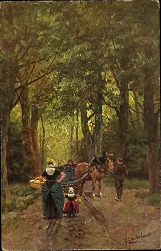 Künstler Ak Gerstenhauer, Johann Georg, niederländisches Motiv, Waldweg, Fuhrwerk, Tracht