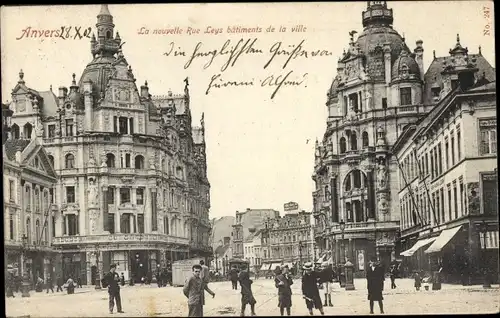 Ak Anvers Antwerpen Flandern, nouvelle Rue Leys bâtiments de la ville