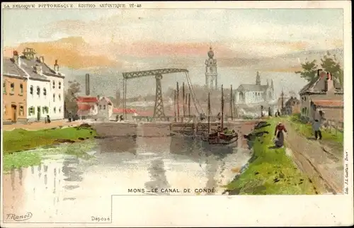 Künstler Litho Ranot, F., Mons Wallonien Hennegau, Condé-Kanal, Zugbrücke