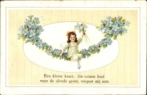 Ak Mädchen mit Blumenstrauß, Vergissmeinnicht, Kitsch
