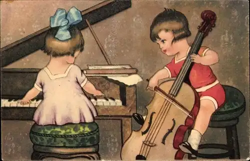 Künstler Ak Mädchen spielt Klavier, Junge mit Kontrabass, Amag 0123