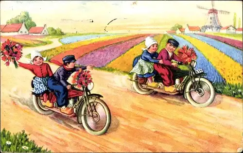 Ak Kinder fahren Motorräder, Blumenfeld, Windmühle, Niederländische Tracht