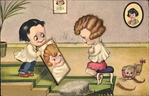 Ak Mädchen betrachtet sich im Spiegel, Friseur, Hund, Kamm