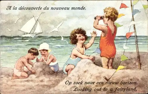 Ak Kinder am Strand, Strandleben, Burg, Segelboot, Fernglas