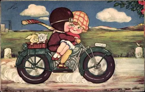 Künstler Ak Boriss, Margret, Paar auf Motorrad, Hunde, Dem Glück entgegen