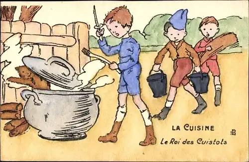 Künstler Ak Junge kocht einen Eintopf, Besteck, Gabel, Koch