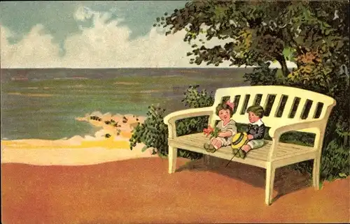 Ak Kinder am Strand, Sitzbank, Baum, Kitsch