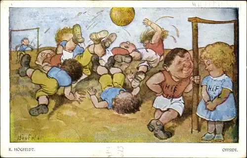 Künstler Ak Högfeldt, Fußballspiel, Stürmer redet mit einem Mädchen