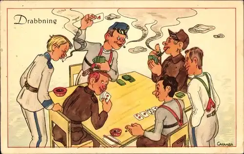 Künstler Ak Caramba, Männer spielen Karten, Rauchen, Zigaretten
