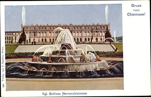 Ak Herrenchiemsee Chiemsee in Oberbayern, Königliches Schloss, Springbrunnen