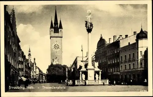 Ak Straubing an der Donau Niederbayern, Theresienplatz, Turmuhr