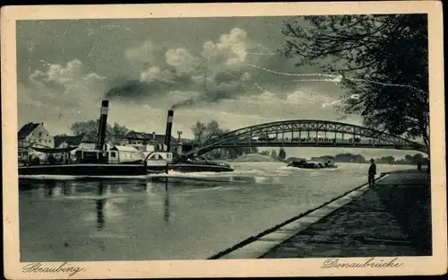 Ak Straubing an der Donau Niederbayern, Donaubrücke, Dampfschiff