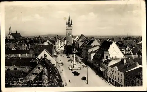 Ak Straubing an der Donau Niederbayern, Stadtturm und Theresienplatz von der Jesuitenkirche gesehen