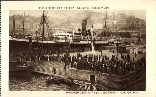 Ak Genova Genua Liguria, Hafen, Reichspostdampfer Goeben, Norddeutscher Lloyd Bremen