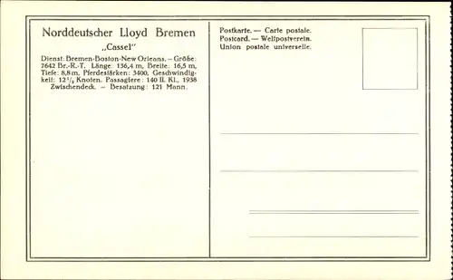 Ak Norddeutscher Lloyd Bremen, Passagier- und Frachtdampfer Cassel