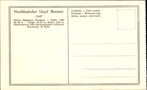Ak Dampfer Deli, Ostasiatischer Küstendampfer, Norddeutscher Lloyd Bremen