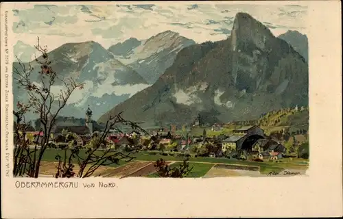 Künstler Ak Diemer, Zeno, Oberammergau in Oberbayern, von Nord, Ortsansicht, Alpen