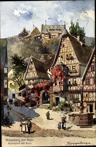 Künstler Ak Guggenberger, Miltenberg in Unterfranken Bayern, Marktplatz mit Burg
