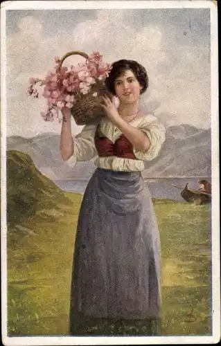 Künstler Ak Frau mit Blumenkorb auf einer Wiese