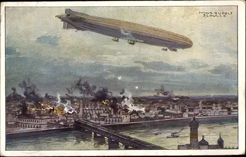 Künstler Ak Schulze, Hans Rudolf, Zeppelin, Luftschiff Schütte Lanz, Warschau bombardierend, I. WK