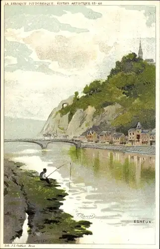 Künstler Litho  Ranot, F., Esneux Wallonien Lüttich, Flusspartie, Angler