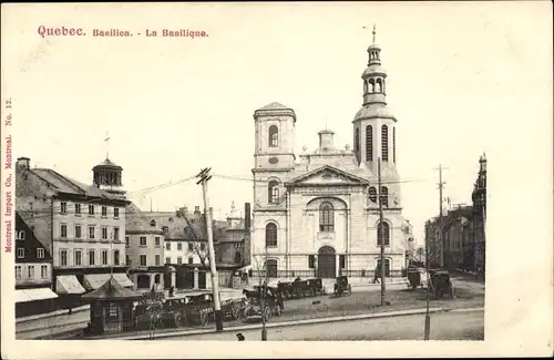 Ak Québec Kanada, Basilika, Kirche, Außenansicht, Pferdekutschen