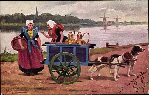 Künstler Ak Gerstenhauer, Johann, Georg, Niederlande, Milchmädchen in Tracht, Hundekarren