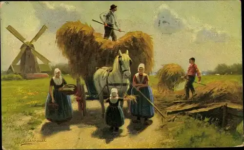 Künstler Ak Gerstenhauer, J. G., niederländisches Dorfmotiv, Bauern, Heuwagen, Windmühle, Fuhrwerk